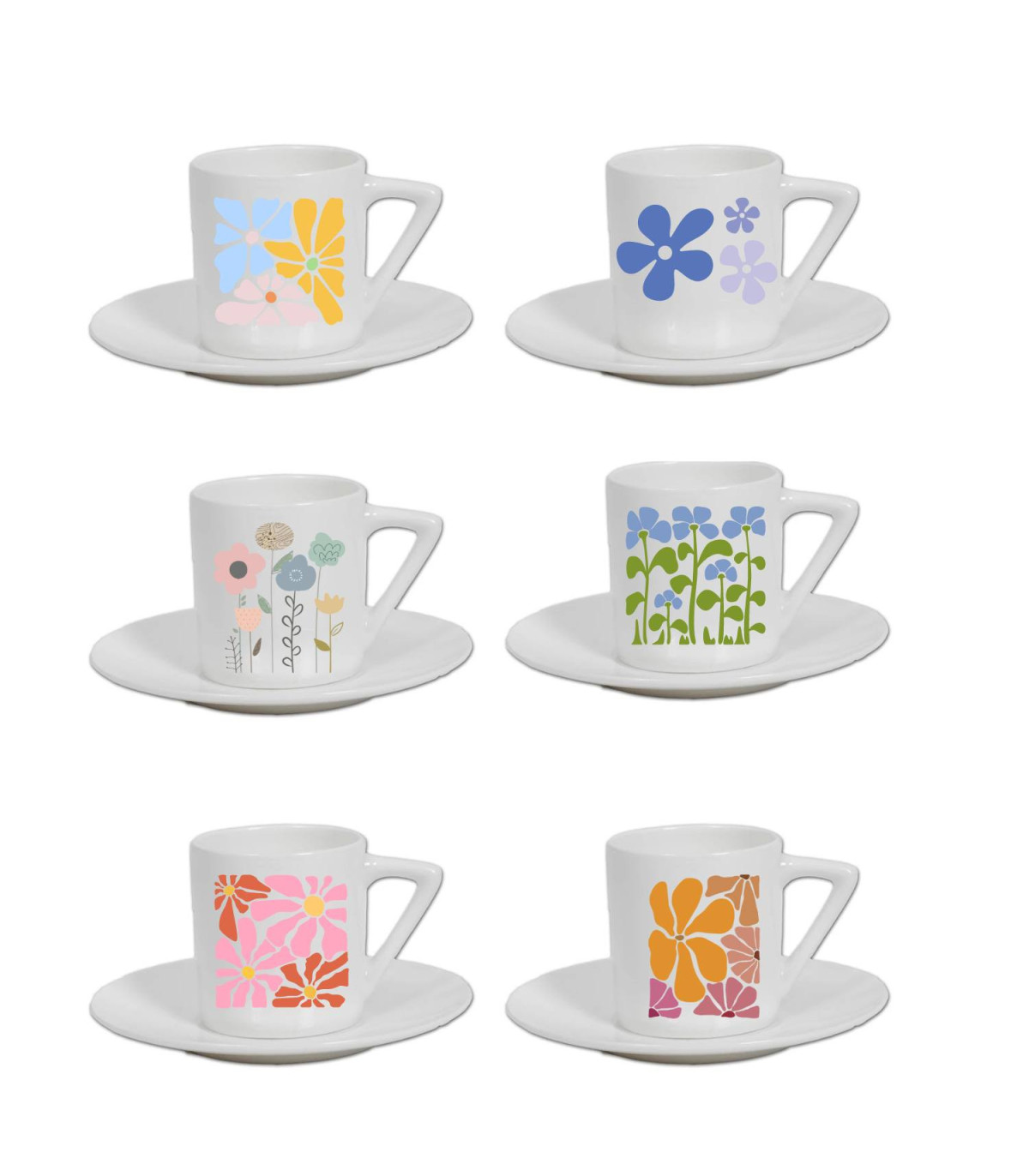 Lot De 6 Tasses à Café En Porcelaine LA - Multicolores Modernes Avec Soucoupes