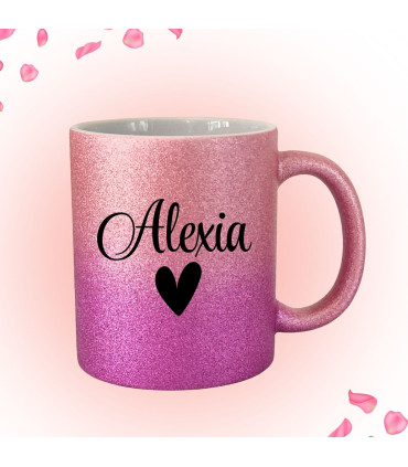 Mug paillettes double rose personnalisé
