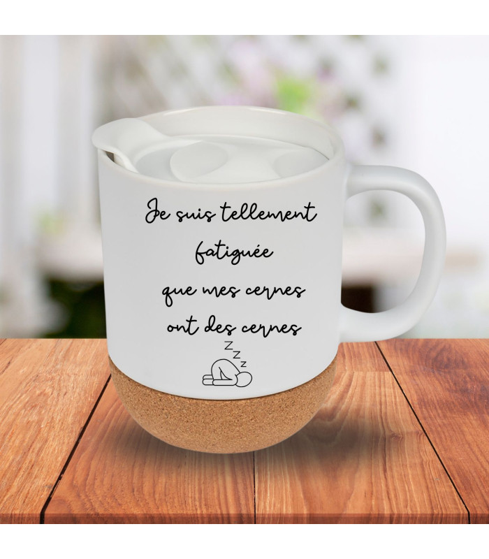 Mug Céramique/Liège Isotherme "Cernes sur Cernes" à Personnaliser (Édition Fatiguée)