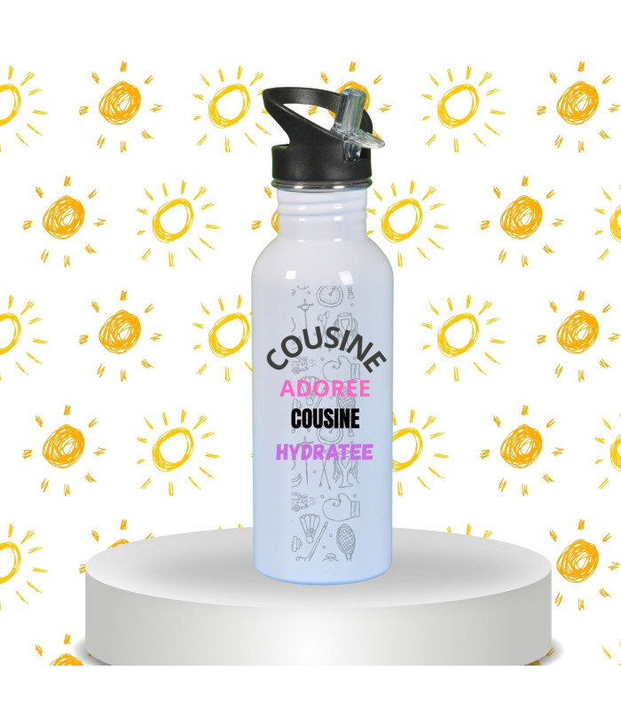 Gourde Inox Personnalisée « Cousine Adorée, Cousine Hydratée » – Design Solaire