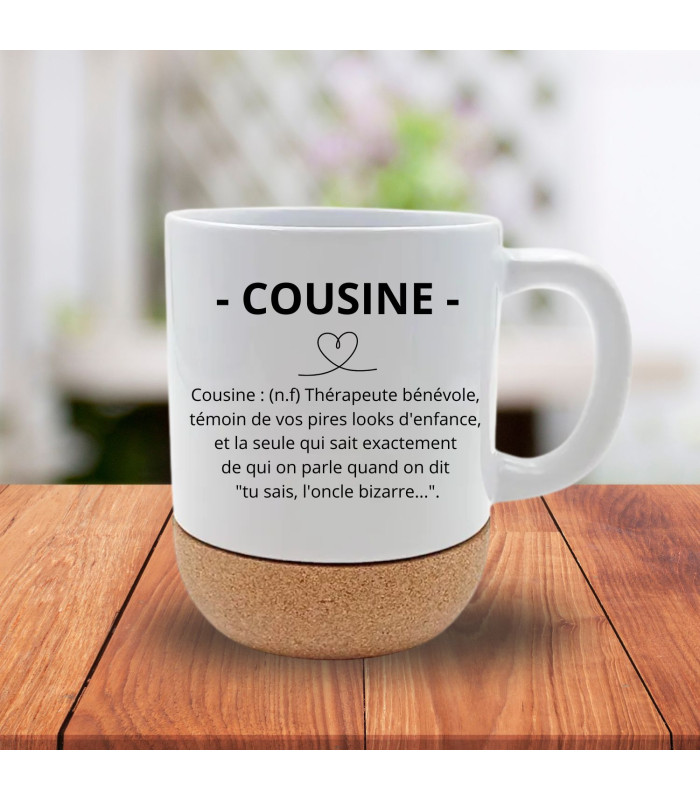 Mug Design Céramique et Liège – Définition Rigolote « Cousine » – Personnalisable