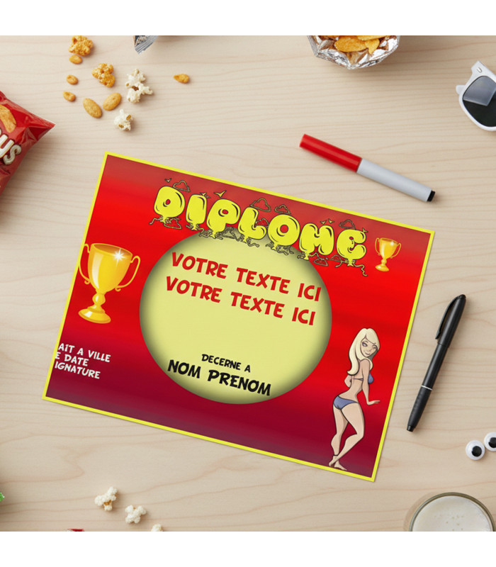 Diplôme Rigolo Femme Personnalisable – Design "Championne" et Pin-up