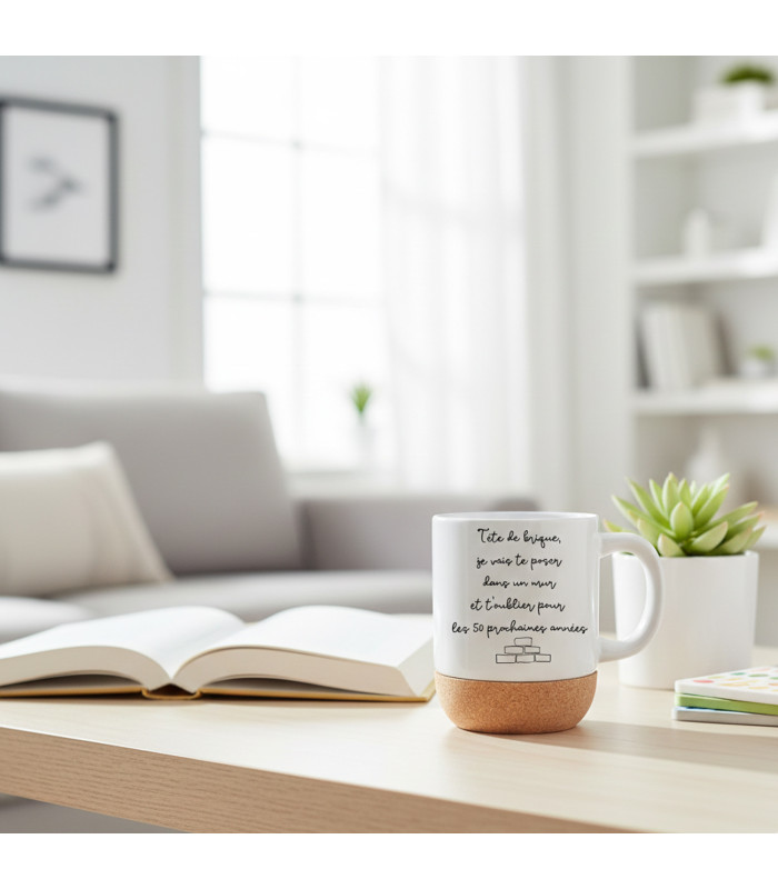 Mug socle liège humour - "Tête de brique" personnalisable