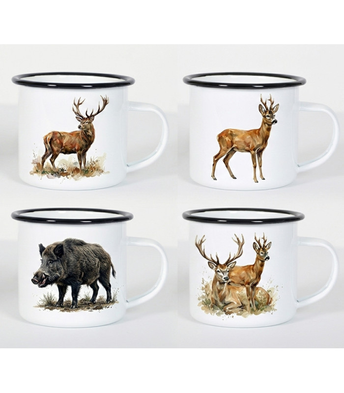 Lot de 4 Mugs en Émail "Faune de nos Forêts" - Cerf, Chevreuil, Sanglier