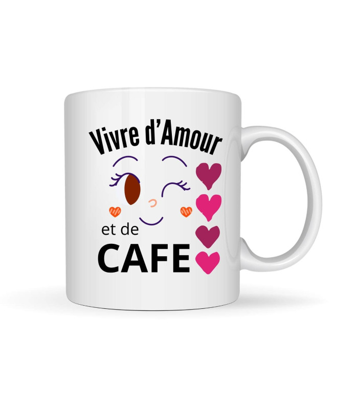 Mug Rigolo "Vivre d'Amour et de Café" - Cadeau Amoureux et Caféine