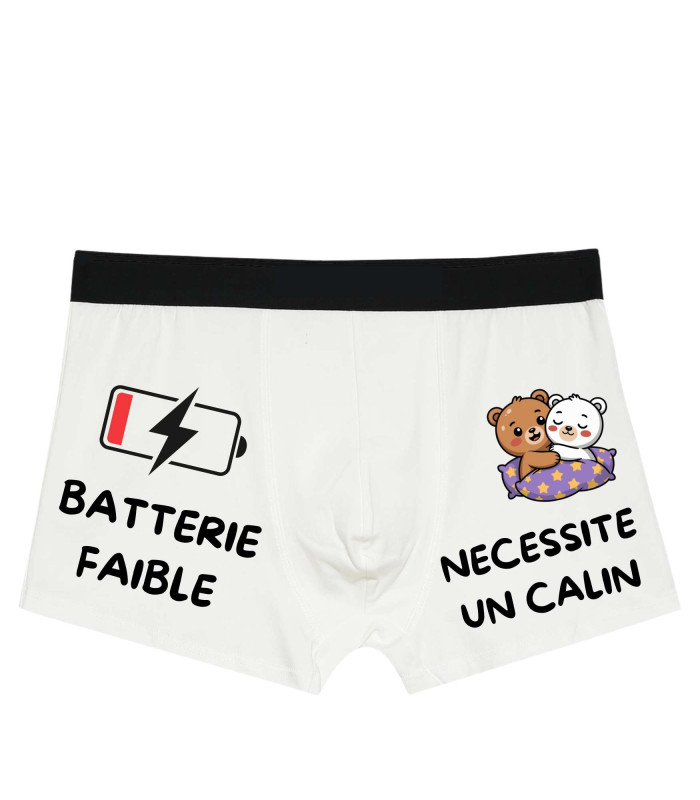 Boxer Homme Blanc "Batterie Faible - Nécessite un Câlin"