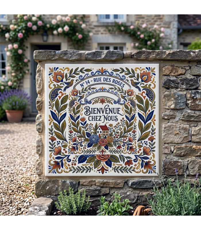 Plaque de Carrelage Personnalisée 15x15 cm – Décor Floral "Bienvenue Chez Nous"