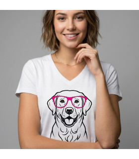 T-shirt blanc Personnalisé – Motif Chien Rigolo à Lunettes Roses