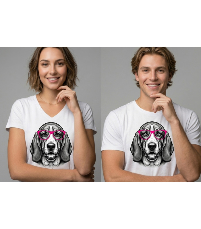 T-shirt Blanc Basset Hound Rigolo – Motif Chien à Lunettes