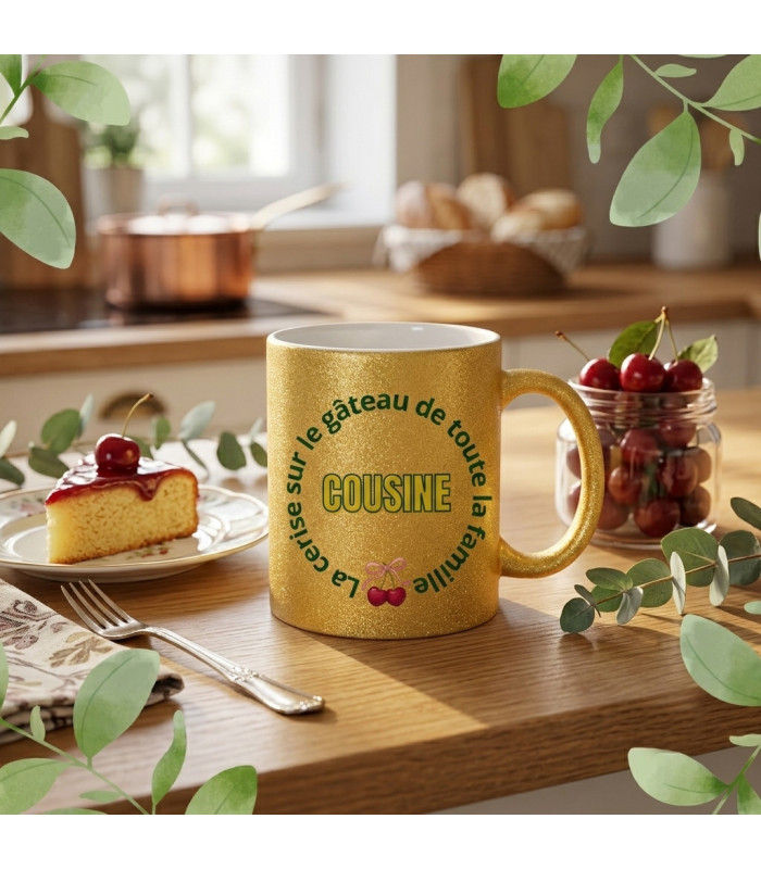 Mug Pailleté Or « Cousine : La Cerise sur le Gâteau » – Cadeau Famille Chic