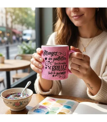mug rose paillettes personnalisé
