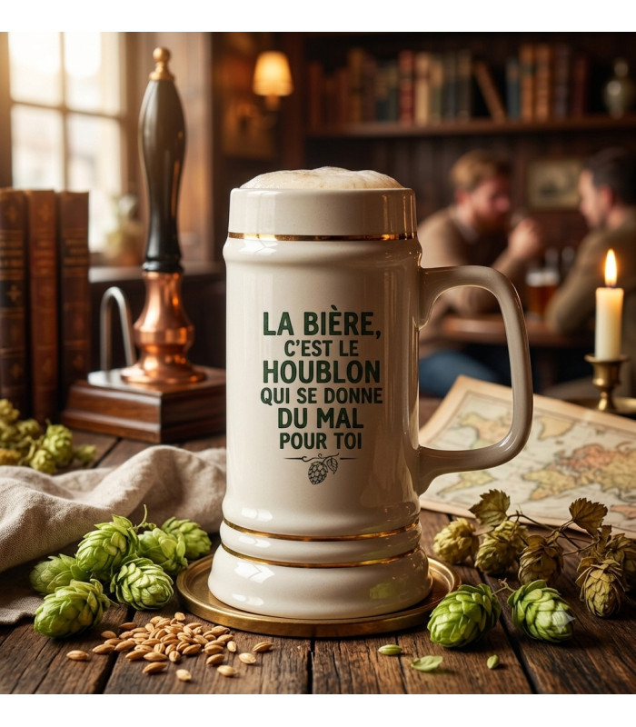 Chope à Bière Humour en Céramique - Citation "Le Houblon se donne du mal"