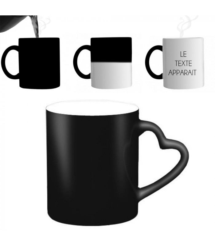 Lot de 6 Mugs Magique Anse COEUR - Finition Brillante - Noir + Boite  individuelle